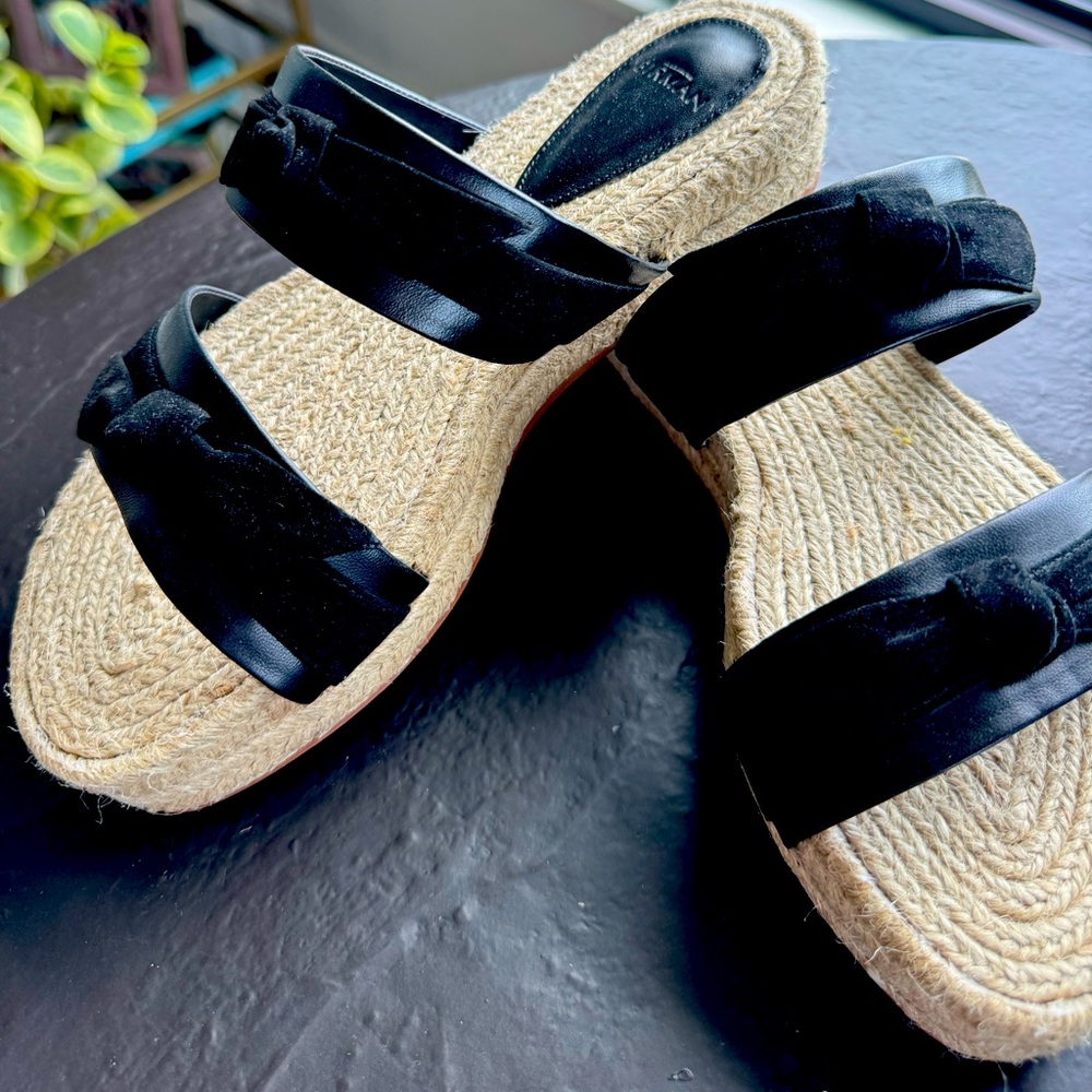 Alexandra Birman raffia slides. Genuine leather & black suede bow accents.